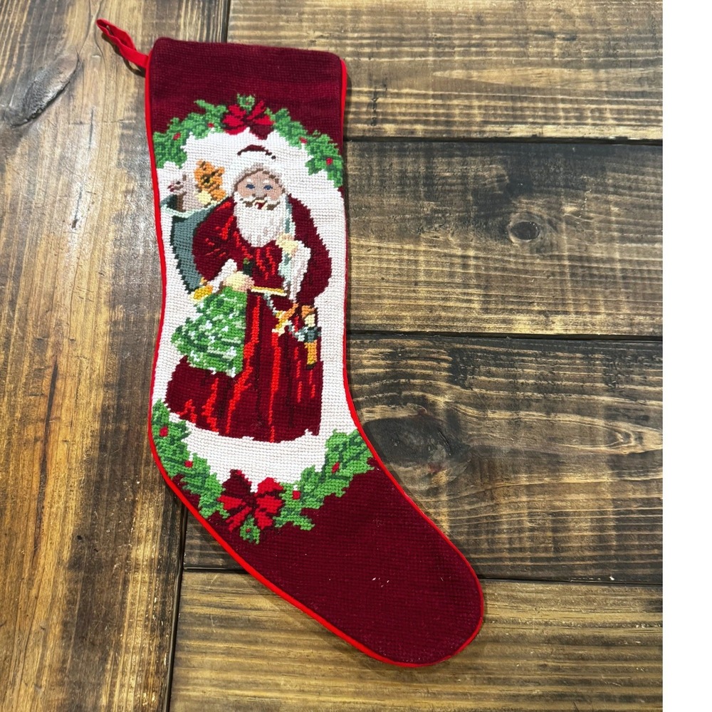 Vintage Needlepoint Christmas Stocking Burgundy Old World Santa Wreath Wool